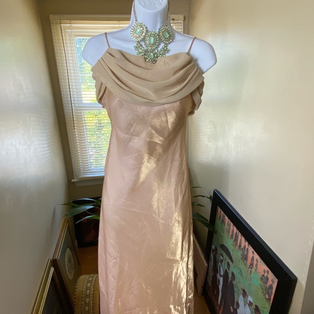Beautiful metallic gold/tan gown  sheer overlay for cowl neck and draped back